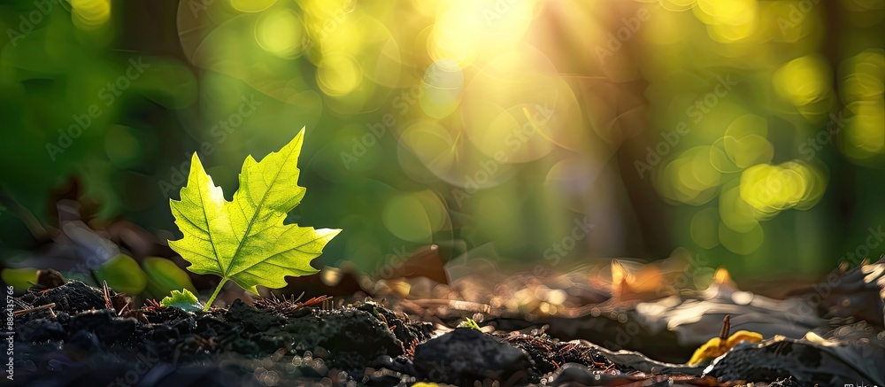 Poster sunlit young green leaf on forest s edge with copy space image