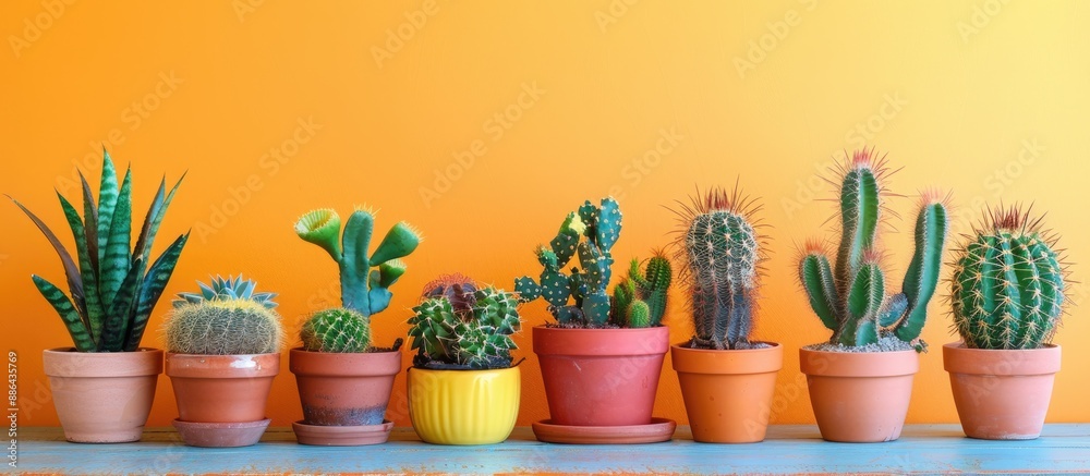 Aufkleber Various potted cacti displayed on a table with a colorful backdrop offering a copy space image for interior decoration