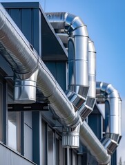 Modern exterior of construction of gray metal water pipes and tubes with circulation pumps and valves of industrial building against blue sky