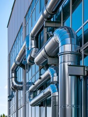 Modern exterior of construction of gray metal water pipes and tubes with circulation pumps and valves of industrial building against blue sky