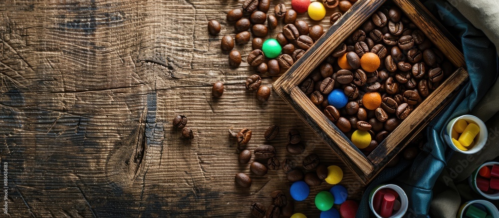 Aufkleber Wooden box holds coffee beans and colorful capsules on a table offering a copy space image from above