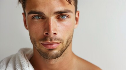 Fototapeta premium A young man, clean-shaven and with a hint of stubble, gazes intently at the viewer. He is framed against a plain white background, emphasizing his natural beauty