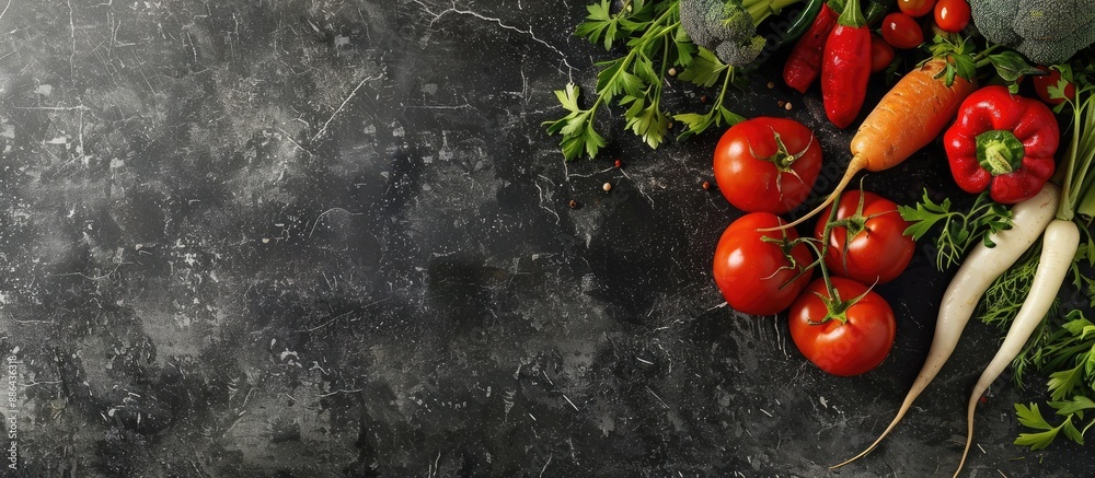 Poster A dark concrete table showcases a fresh selection of farmer s vegetables in a food background with room for text in the copy space image
