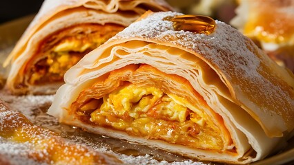 Banitsa, traditional Bulgarian food prepared by layering mixture of whisked eggs and pieces of cheese between filo pastry