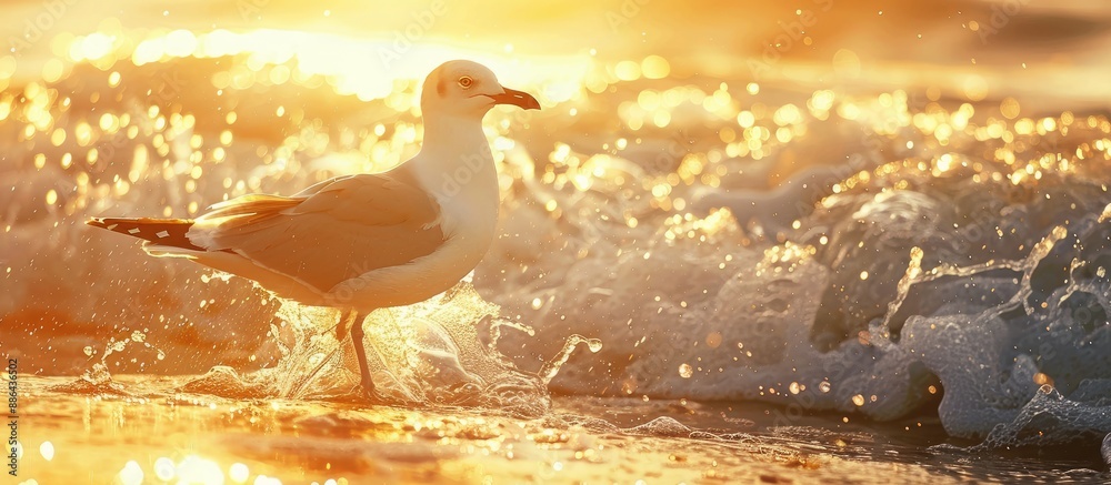 Poster a seagull wading in the water backlit with waves and water sprays under its feet in a copy space ima