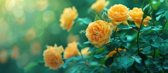 Bright yellow roses with green leaves Softly blurred green backdrop highlights the flowers Perfect for design with copy space image