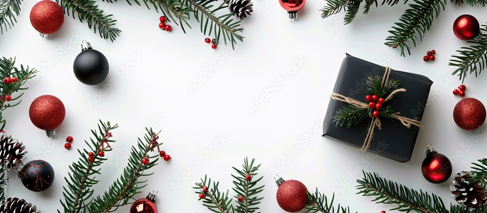 Poster christmas themed composition featuring black gift box ornaments and fir branches with red decoration