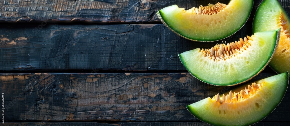 Poster top view of ripe organic melon slices on a dark wooden surface offering a visually appealing image w