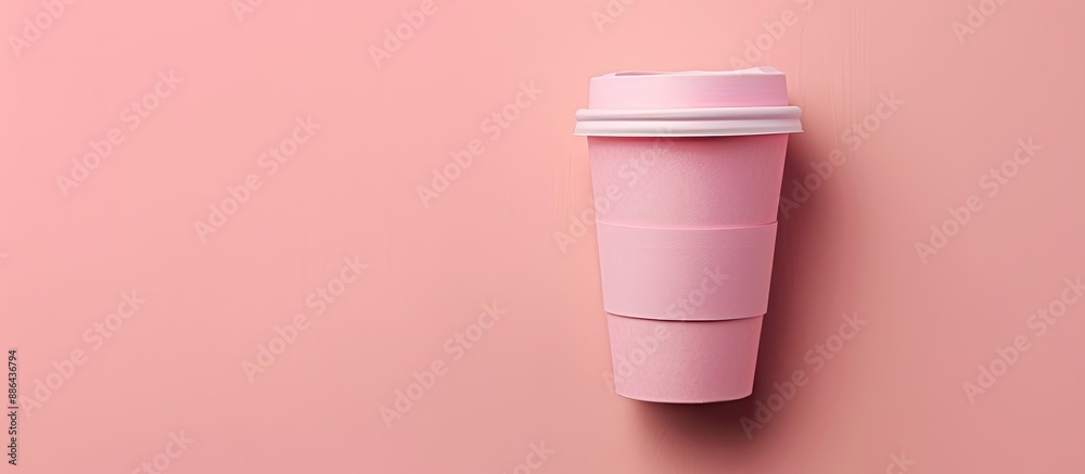 Poster a pink paper coffee cup on a pastel background with copy space symbolizing a morning wake up concept