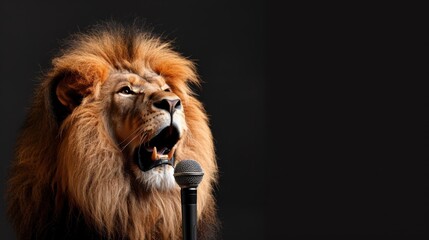 A composition emphasizing the fierce and majestic nature of a lion as it roars into a microphone, dramatically contrasted against a black background to enhance its powerful presence.