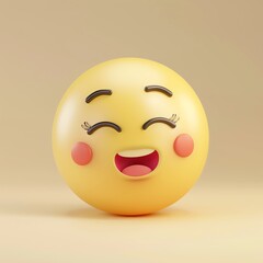 Fototapeta premium 3D rendering of a cheerful, smiling emoji with blushing cheeks on a light brown background. Perfect for expressing joy and positivity.