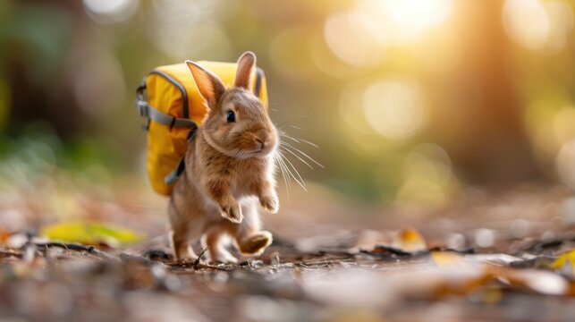 A cute bunny donning a small backpack, steadily walking on a leafy forest trail bathed in warm, golden sunset light, representing adventure, serenity, and natural beauty.