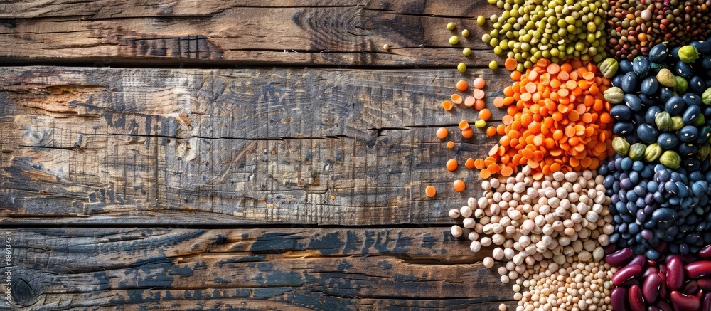 Poster Assortment of various dry legumes in different shapes colors and flavors displayed on a rustic wooden backdrop with copy space image