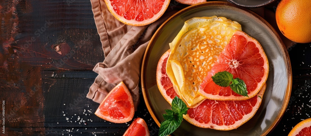 Fototapete Rustic top view of tasty fresh grapefruit crepes on a table with copy space image ideal for a healthy meal or snack