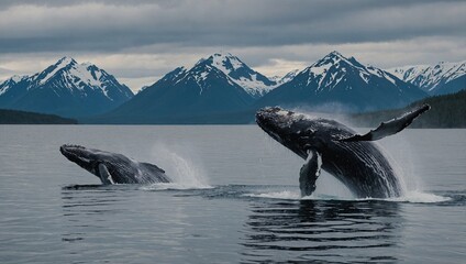 Fototapeta premium Whales breaching off Alaskan coast