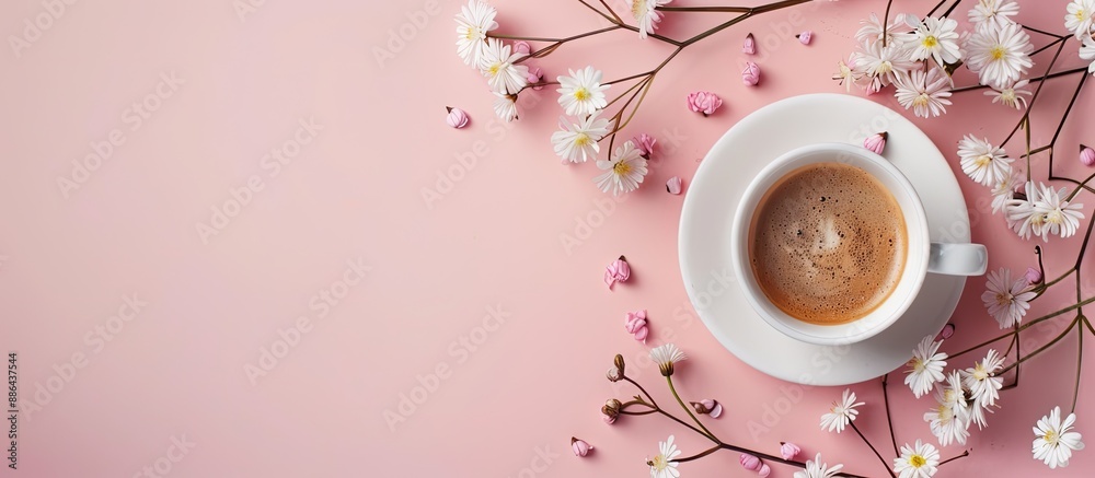 Poster coffee cup adorned with blooms on a soft pink backdrop ample copy space for text or designs