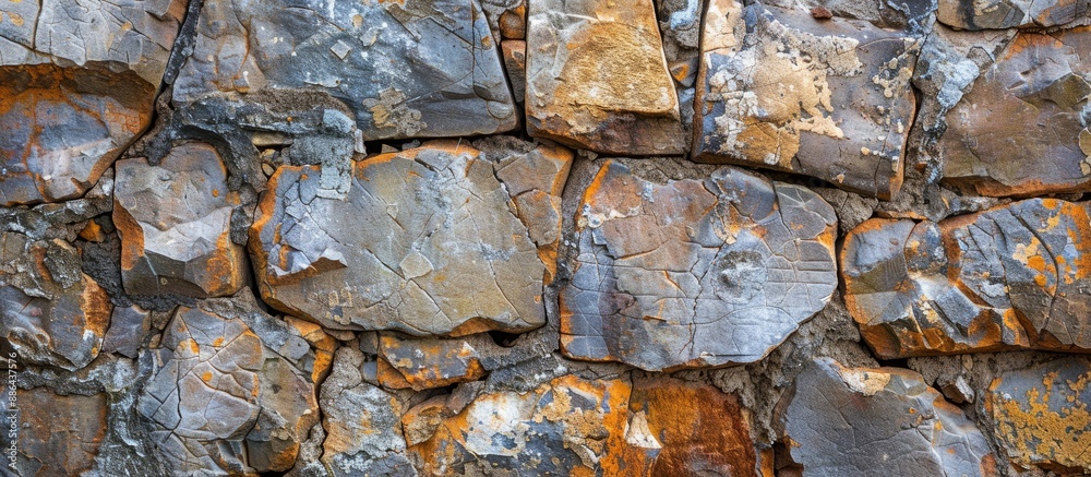 Poster An aged masonry wall displaying a weathered stone surface with a rustic appeal suitable for a copy space image