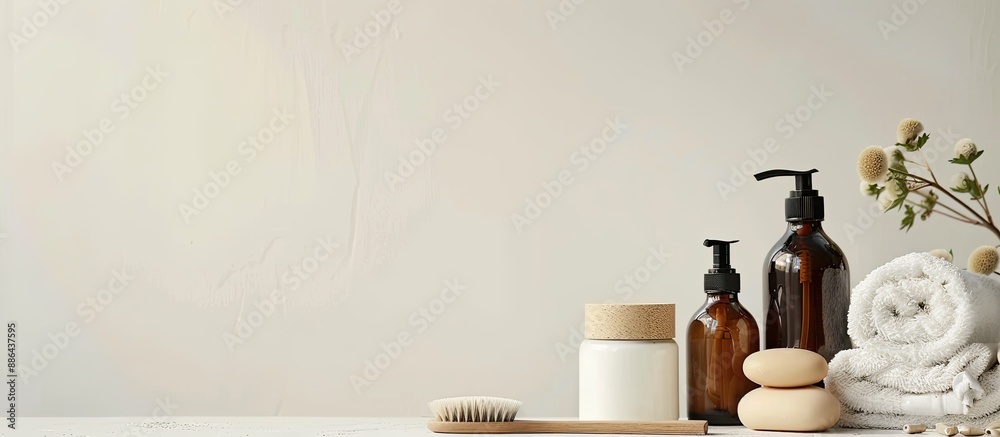 Aufkleber Various self care items for hygiene displayed with cosmetic bottles against a neutral background for adding text like a natural soap and circular massaging brush within the copy space image