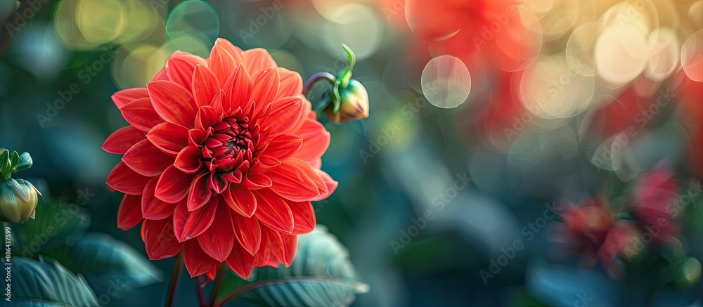 Fototapete a vibrant red flower blooming in a lush garden showcasing its beauty with a blank space for text or 