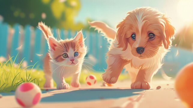 Joyful Pets: Adorable Kitten and Puppy Playing in a Colorful Sunny Park