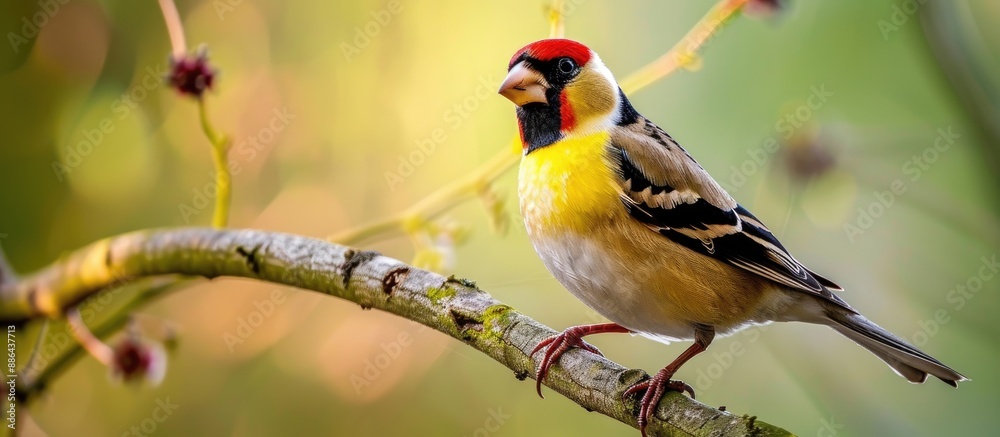Poster perched on a branch a goldfinch is captured in a stunning copy space image