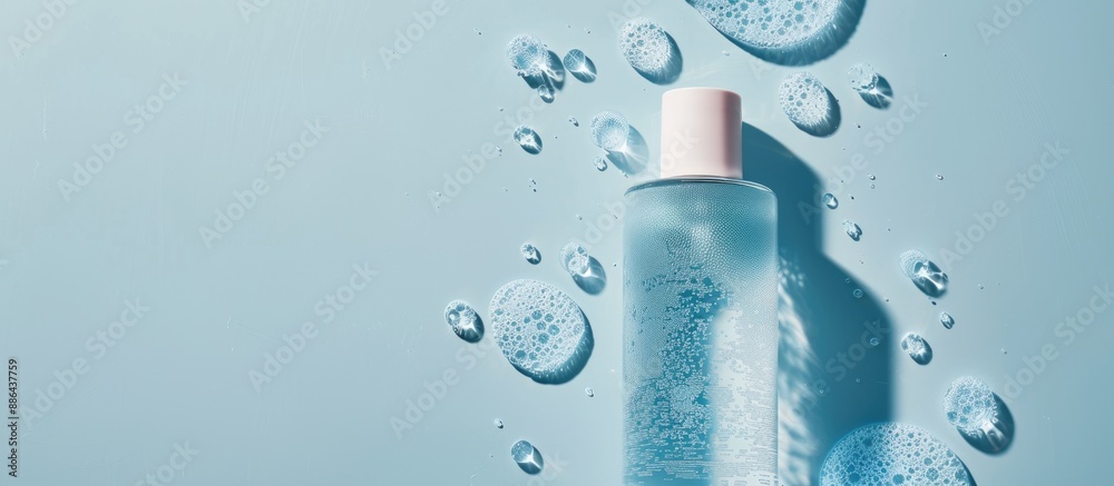 Poster Cosmetic product displayed in a top view copy space image on a light blue background with a sample of cleansing gel perfect for text placement