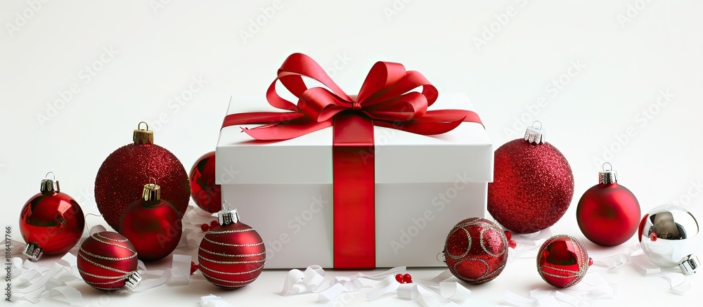 Poster a white gift box with a red ribbon bow and christmas ornaments surrounding it set against a white ba