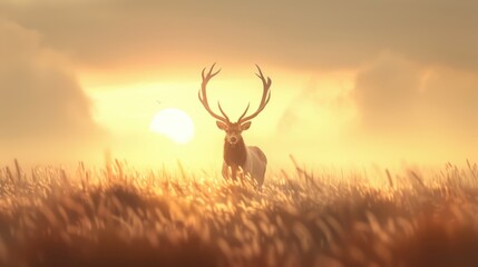 Naklejka premium Serene Elegance: Majestic Elk in Misty Meadow at Dawn