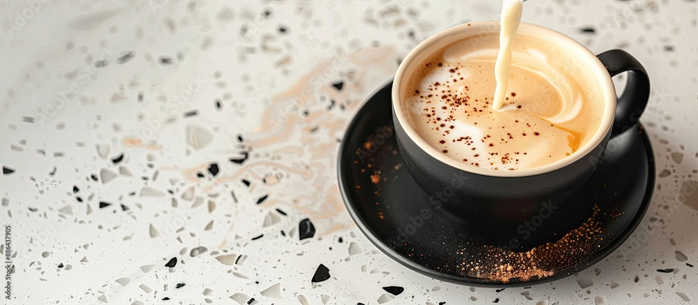 Poster pouring steamed milk into a cappuccino in a black cup on a terrazzo countertop with copy space image