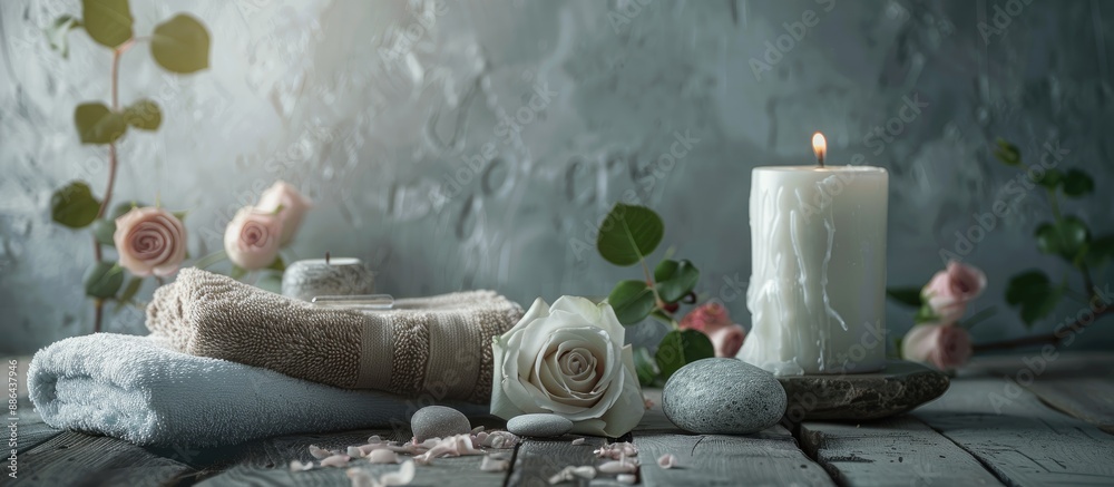 Aufkleber A serene arrangement of spa items roses and a candle on a rustic grey table with room for text in the image. with copy space image. Place for adding text or design