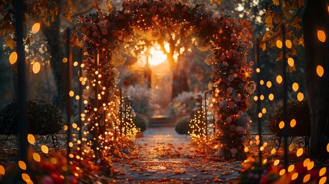 fall wedding decor, the autumn branches and fairy lights on the wedding arch create a warm and enchanting ambiance under the sunset glow for a fall outdoor celebration