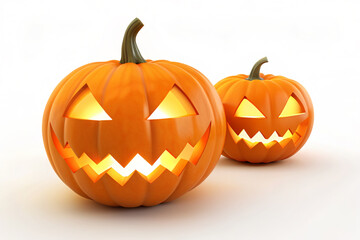 There are two spooky Halloween pumpkins with glowing faces carved into them