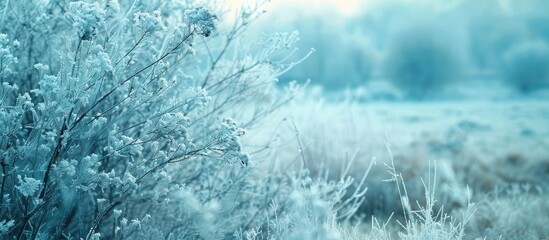 In winter icy trees and plants are highlighted in a nature themed copy space image
