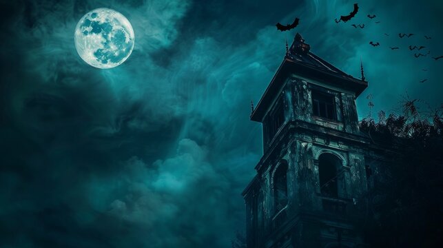 A haunted house for Halloween with the moon and bats at night as a scary background.