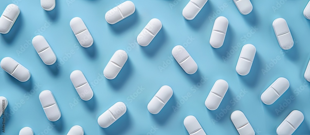 Poster White pills arranged neatly on a blue backdrop with ample copy space image