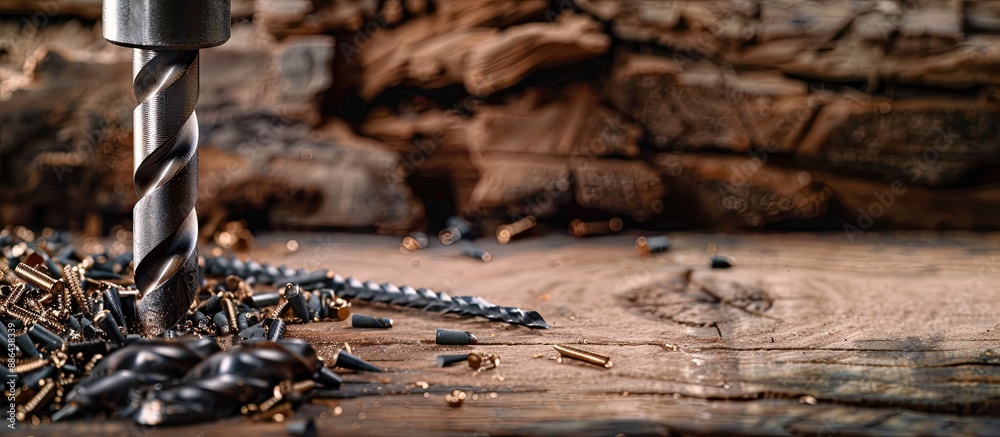 Aufkleber Woodworking drill set with quick change nozzle for drill bits and various countersink drills for screws displayed in a copy space image