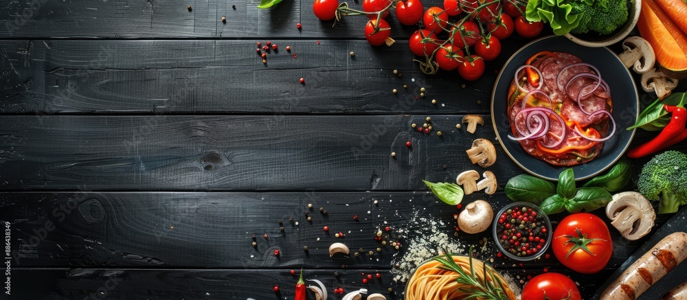 Aufkleber pizza ingredients like mushrooms sausages tomatoes and vegetables arranged from a top view on a blac