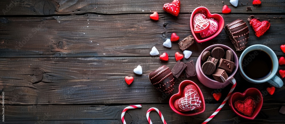 Aufkleber valentine s day theme with heart shaped mugs and sweets arranged on a dark wooden backdrop featuring