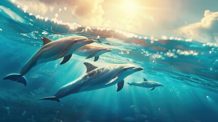 Fototapeta premium Playful Family of Dolphins in Crystal-Clear Ocean Waters with Sunlight Filtering Through the Surface - Bright and Lively Marine Life Scene