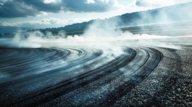 Tire track mark and smoke on asphalt tarmac road race track. Driver drifting car on speed track