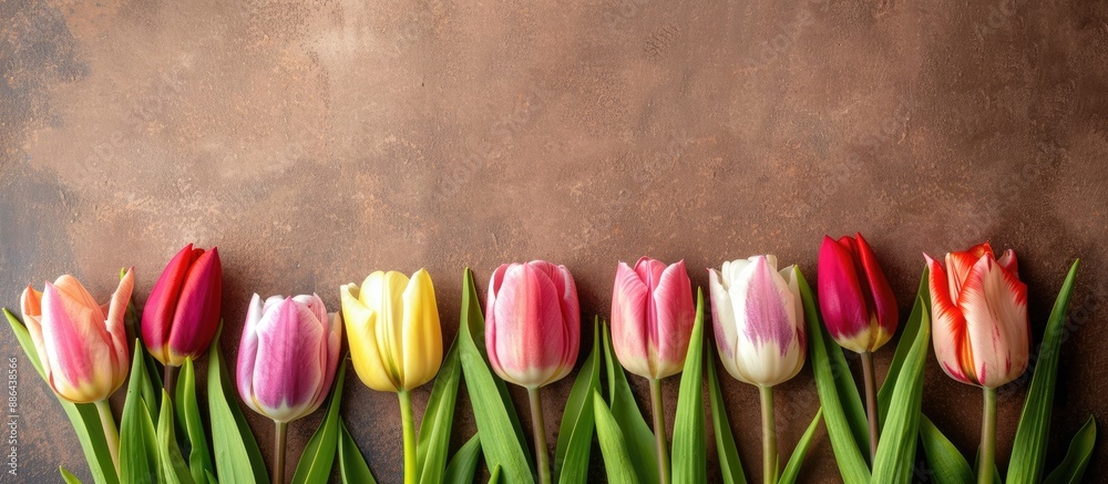 Aufkleber A mix of vibrant spring tulips on a brown backdrop with copy space in a top view image
