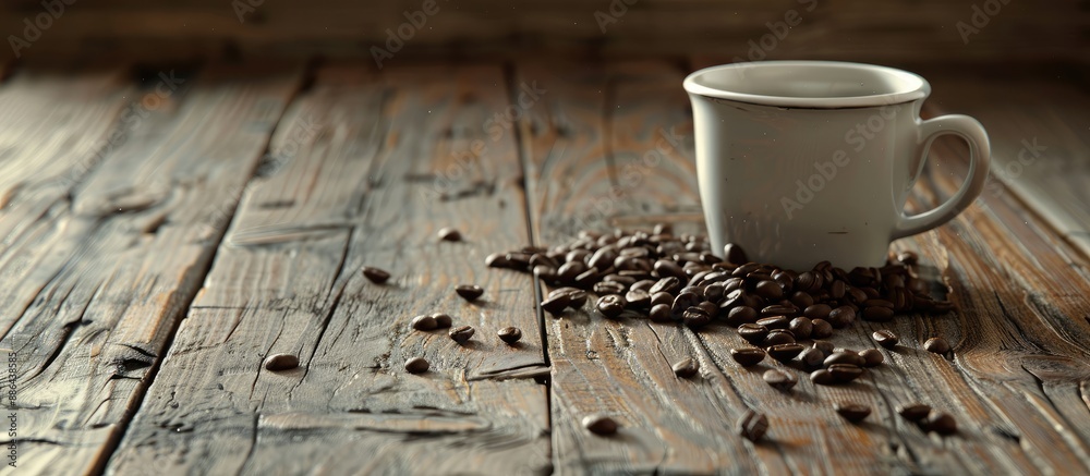 Fototapete an old kitchen table with a coffee cup beans and a vacant space for text or images. with copy space 