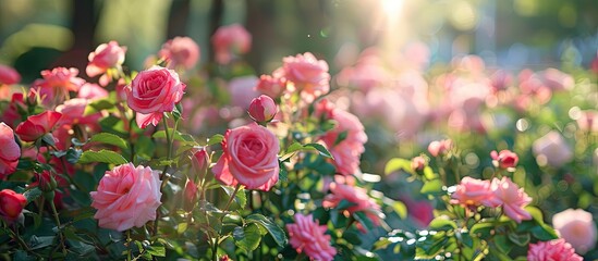 Lush rose garden in Yokohama park with beautiful blossoms filling the scene perfect for a copy space image