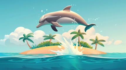 Joyful Dolphin Leaping in Tropical Paradise - Dynamic Ocean Wildlife Illustration with Vibrant Colors and Tropical Island Background