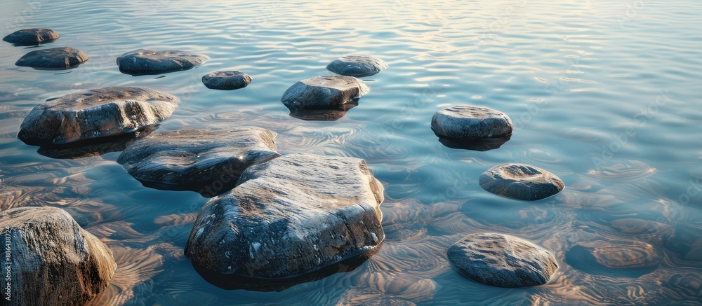 Poster rocks made of granite scattered in the water creating a picturesque scene with copy space image