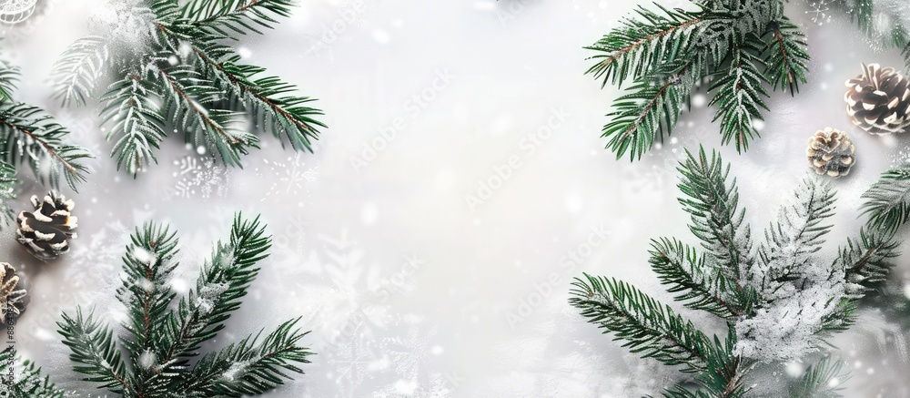 Poster Fir tree Christmas frame on snowy white backdrop with copy space image