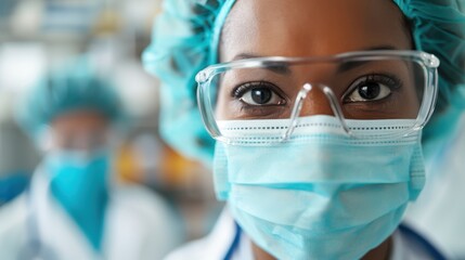 A team of medical professionals wearing protective gear, focusing on a task. The background shows a medical environment, highlighting their dedication and expertise.