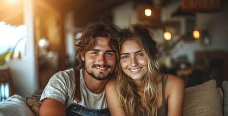 Fototapeta premium A young couple smiles and looks at the camera while sitting on a couch in their home.