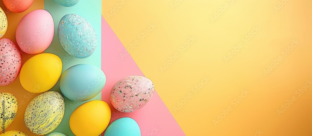 Leinwandbilder Top view of a collection of Easter eggs on a colorful background with space for text or images. with copy space image. Place for adding text or design