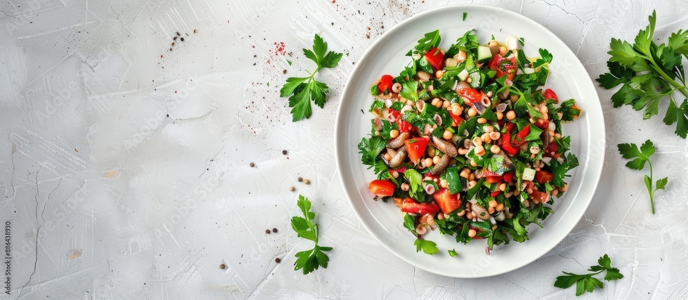 Aufkleber A white dish with a top view of Spicy Canned Sardine Salad featuring herbs with a clear area for text or images. with copy space image. Place for adding text or design